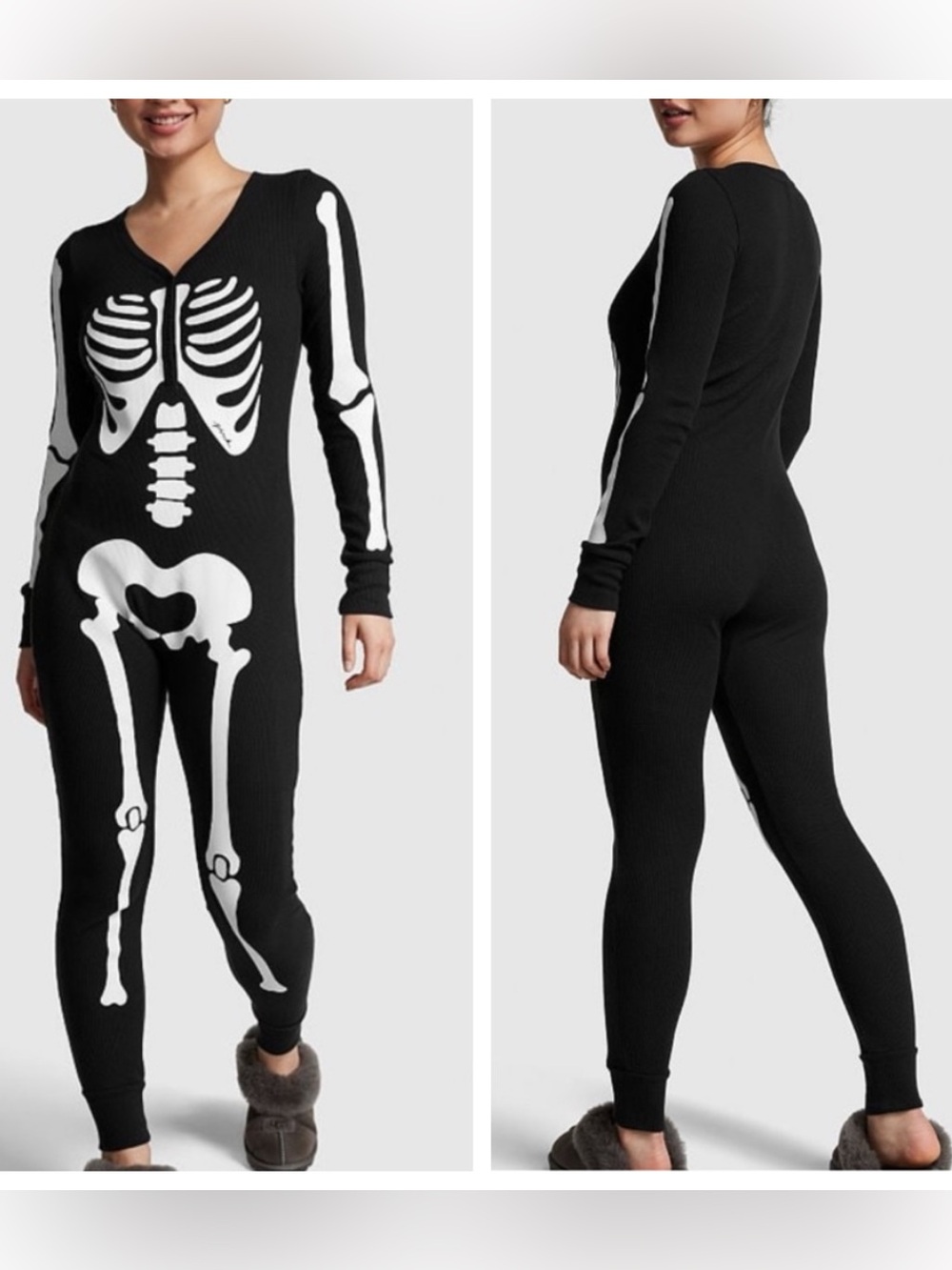 PINK Victoria’s Secret Skeleton Thermal Henley One Piece Pajama XS Halloween
